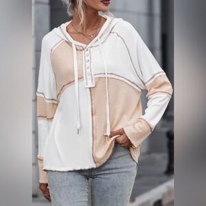 Multicolor Colorblock Seamed Ribbed Henley Hoodie